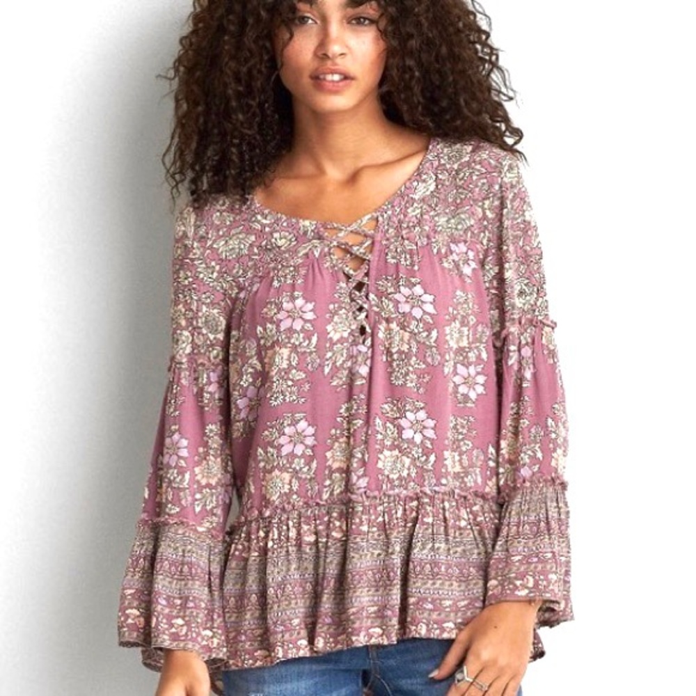 Lace Up Embroidered Bell Sleeve